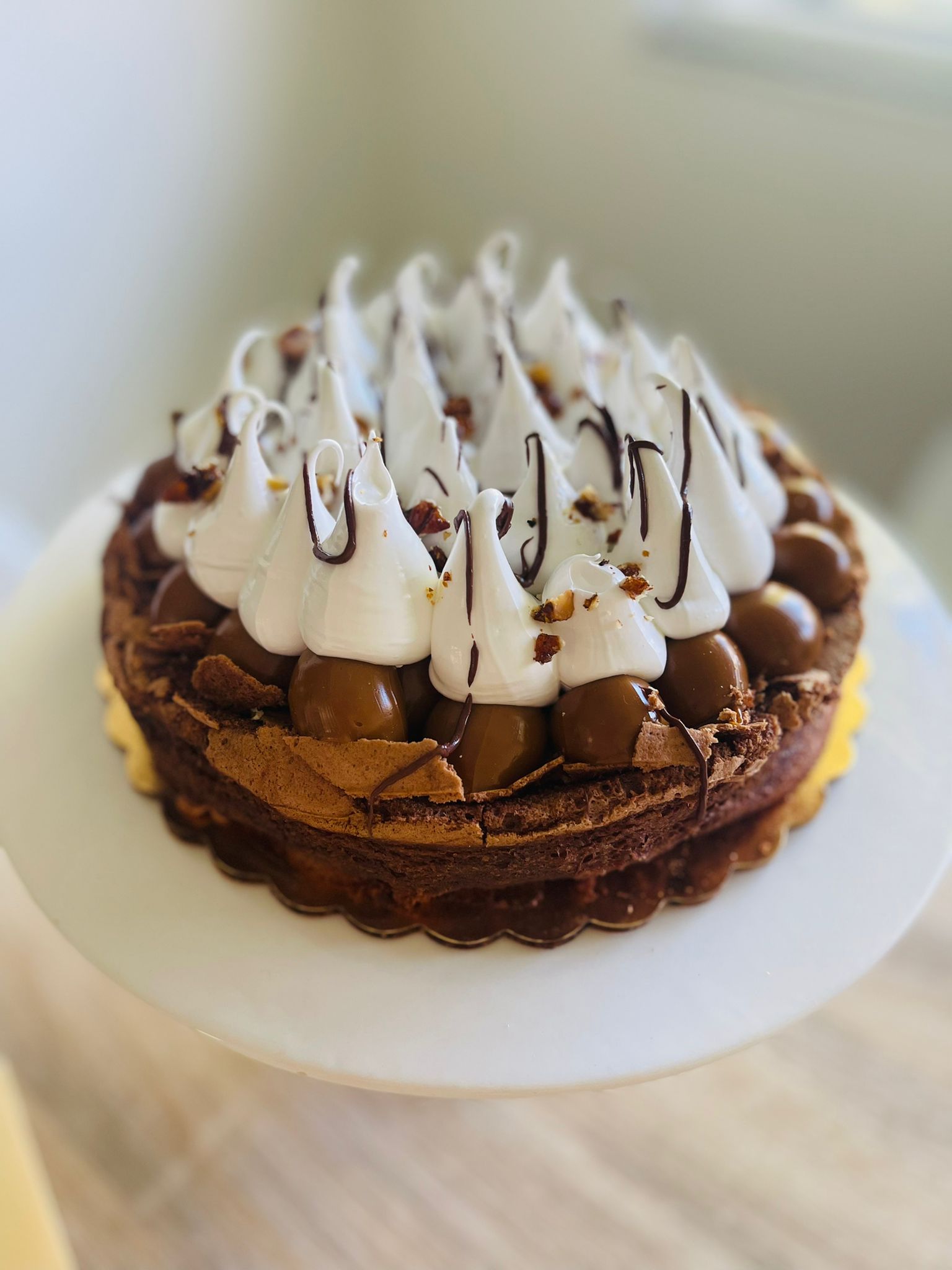 a delicious-looking dessert, specifically a cake adorned with white meringue peaks drizzled chocolate sauce