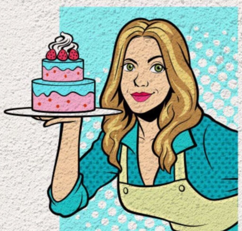 A woman with long blonde hair holding a two-tiered cake with strawberries and whipped cream topping, styled in a vibrant pop art illustration."